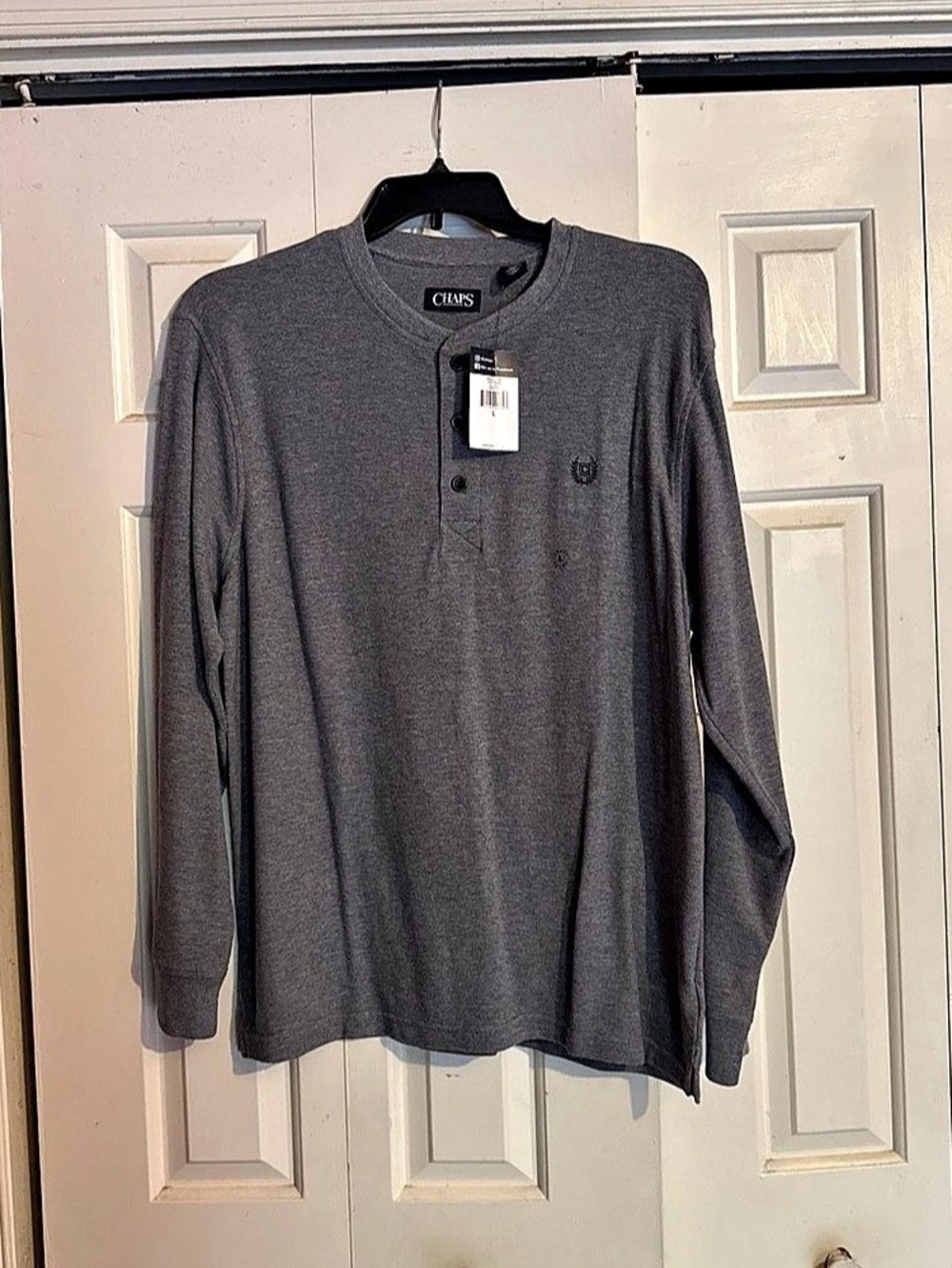 Chaps Long Sleeve Waffle Knit Henley Men's Long Sleeve Polo Gray Large